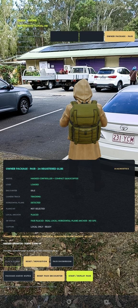 Android field capture showing a character placed in a real street scene