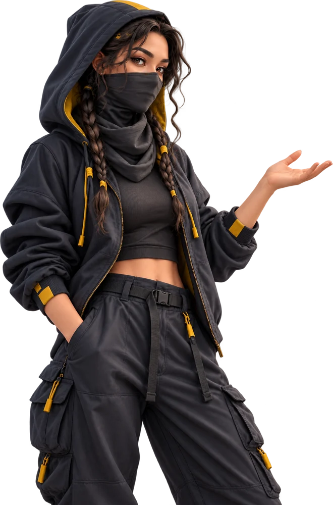 Masked scout concept in a presenting pose, on a transparent background