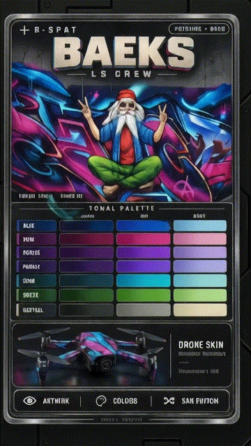 Complete BAEKS player-card concept with original artwork, tonal palette and drone skin