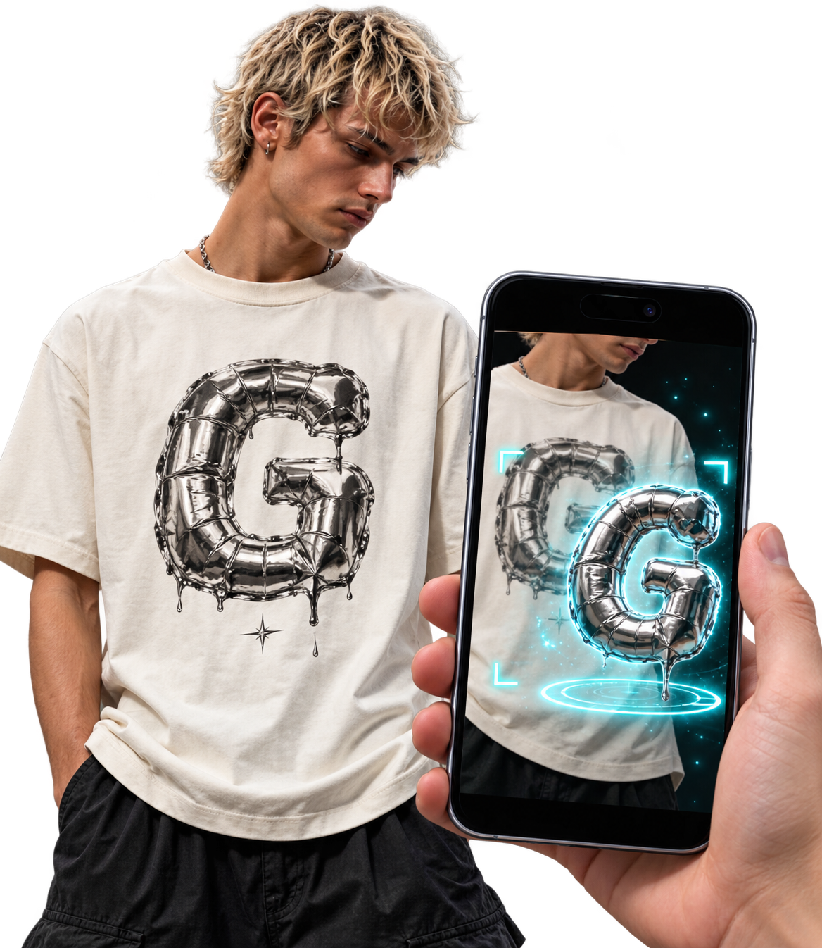A person wearing the G shirt beside a phone showing the G as an augmented-reality discovery