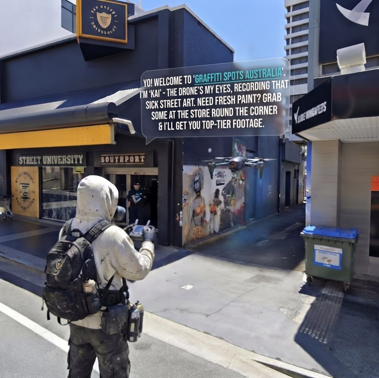 Supplied concept of the masked operator and drone outside Street University